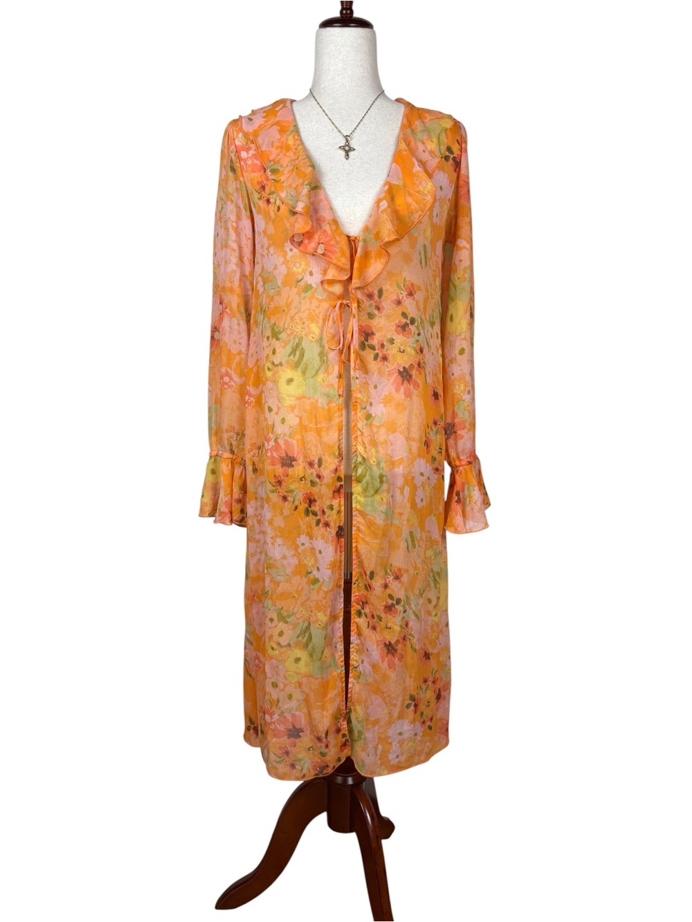Wild Fable Sheer Floral Duster Cardigan Fairycore Ruffle Tie Front Coverup XS